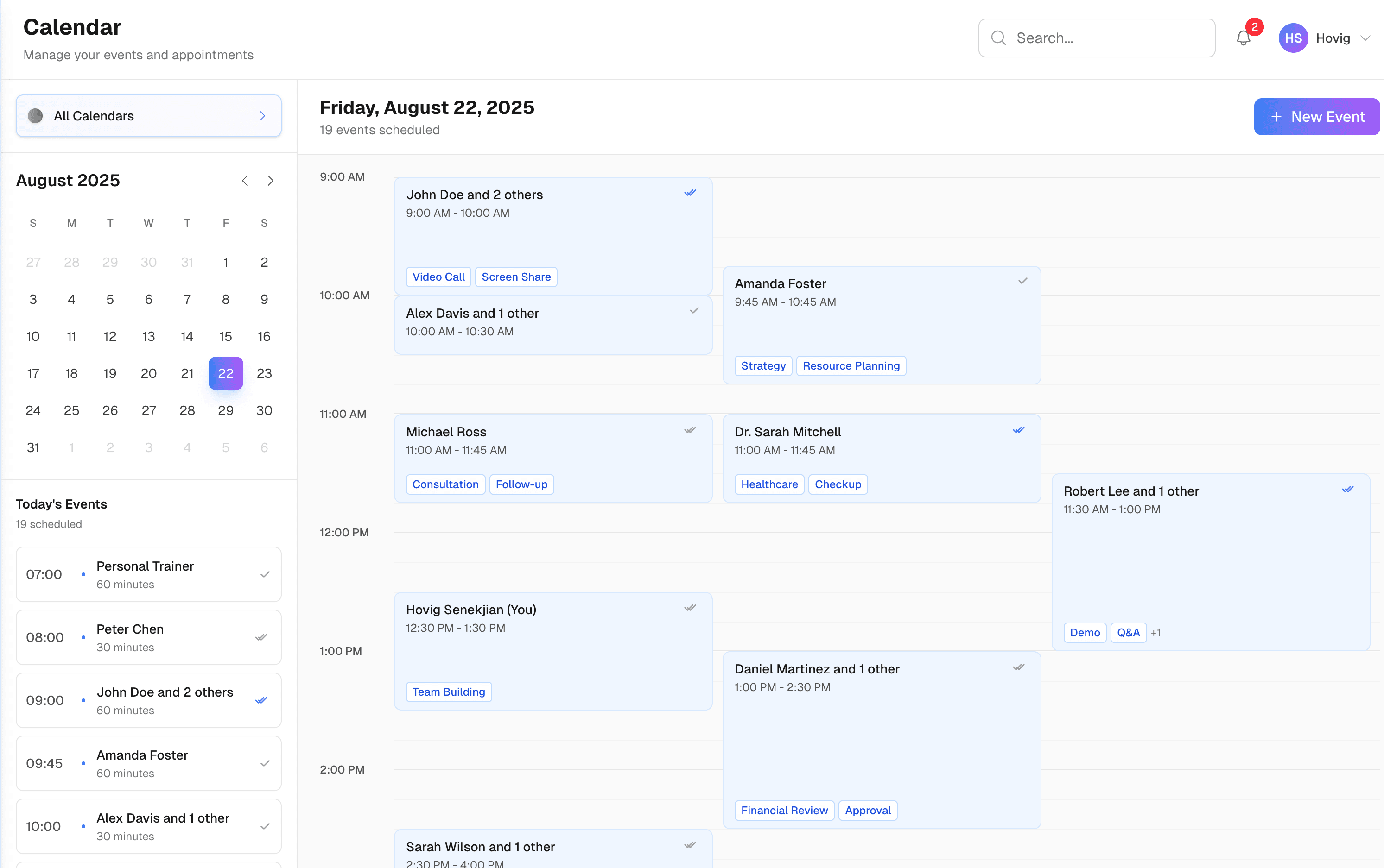 Penticks calendar and business management interface